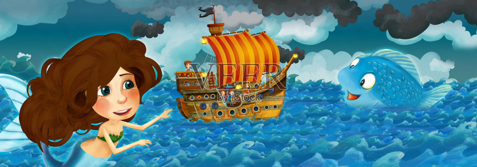 卡通场景与旧船航行在风暴与美人鱼观看插画图片素材