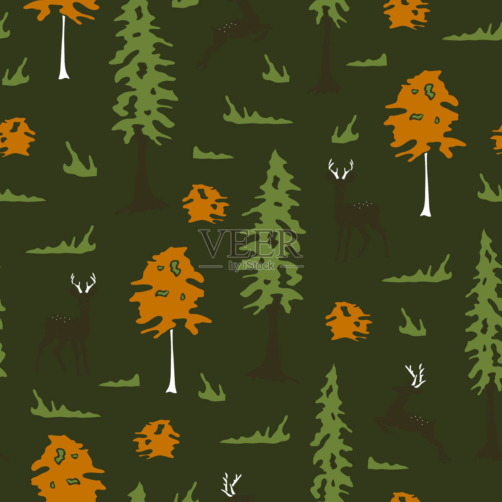 无缝矢量模式与树木和鹿的剪影在森林。深绿色背景。森林动物壁纸设计。插画图片素材