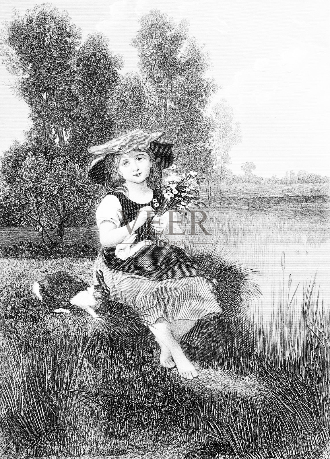 黑色和白色的怀旧插图，一个年轻的女孩在河边与鲜花和驯服的兔子，1884年插画图片素材