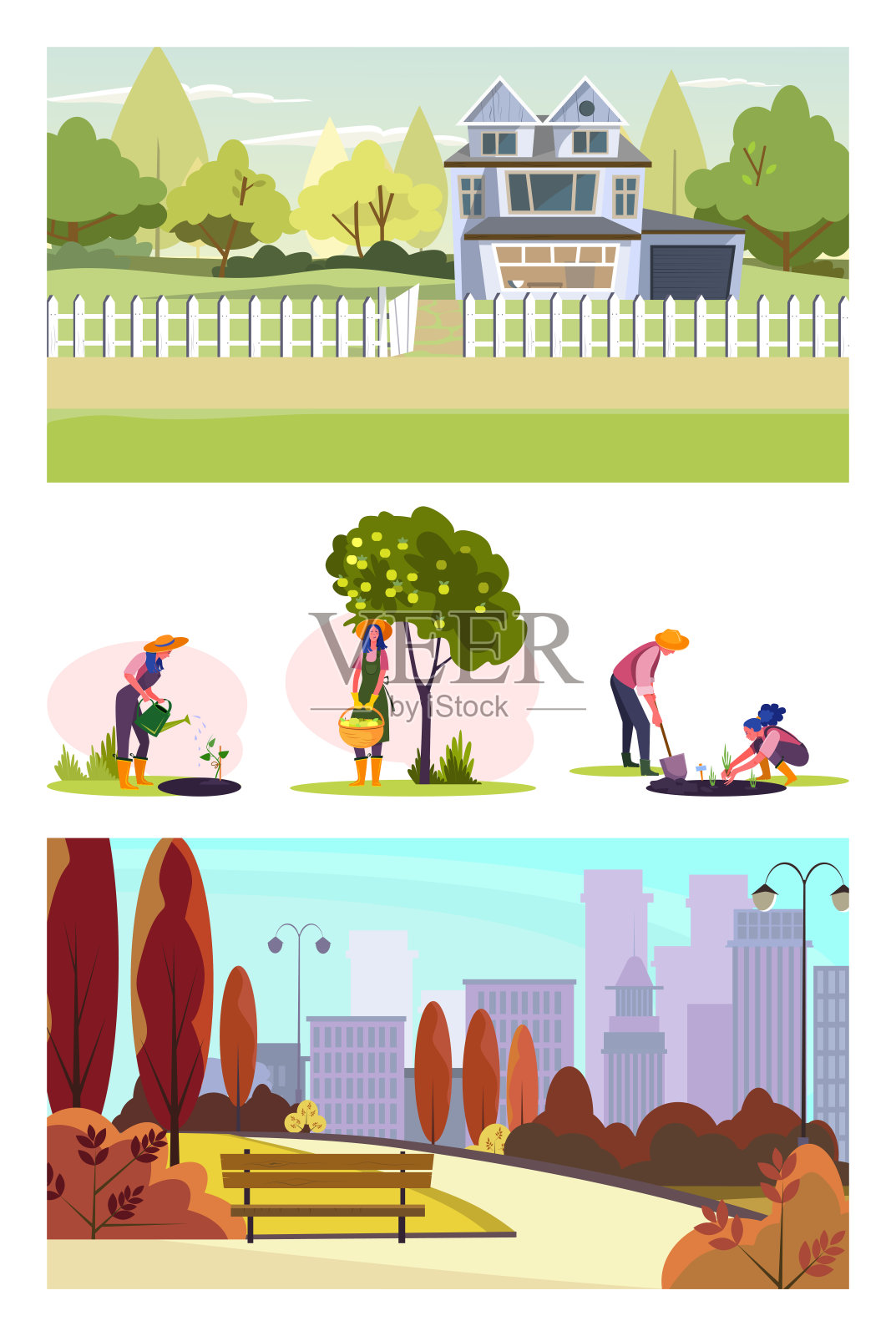 一对年轻的农民在果园工作插画图片素材