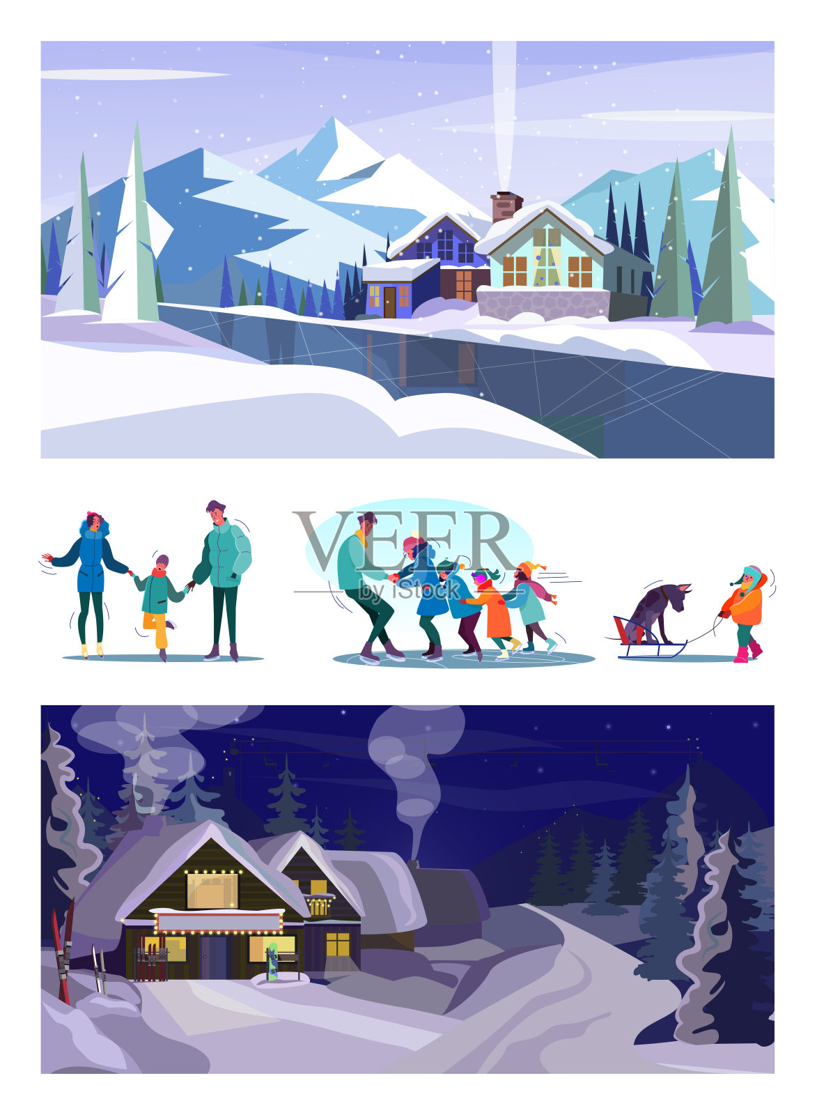 一组在冬天玩的市民插画图片素材