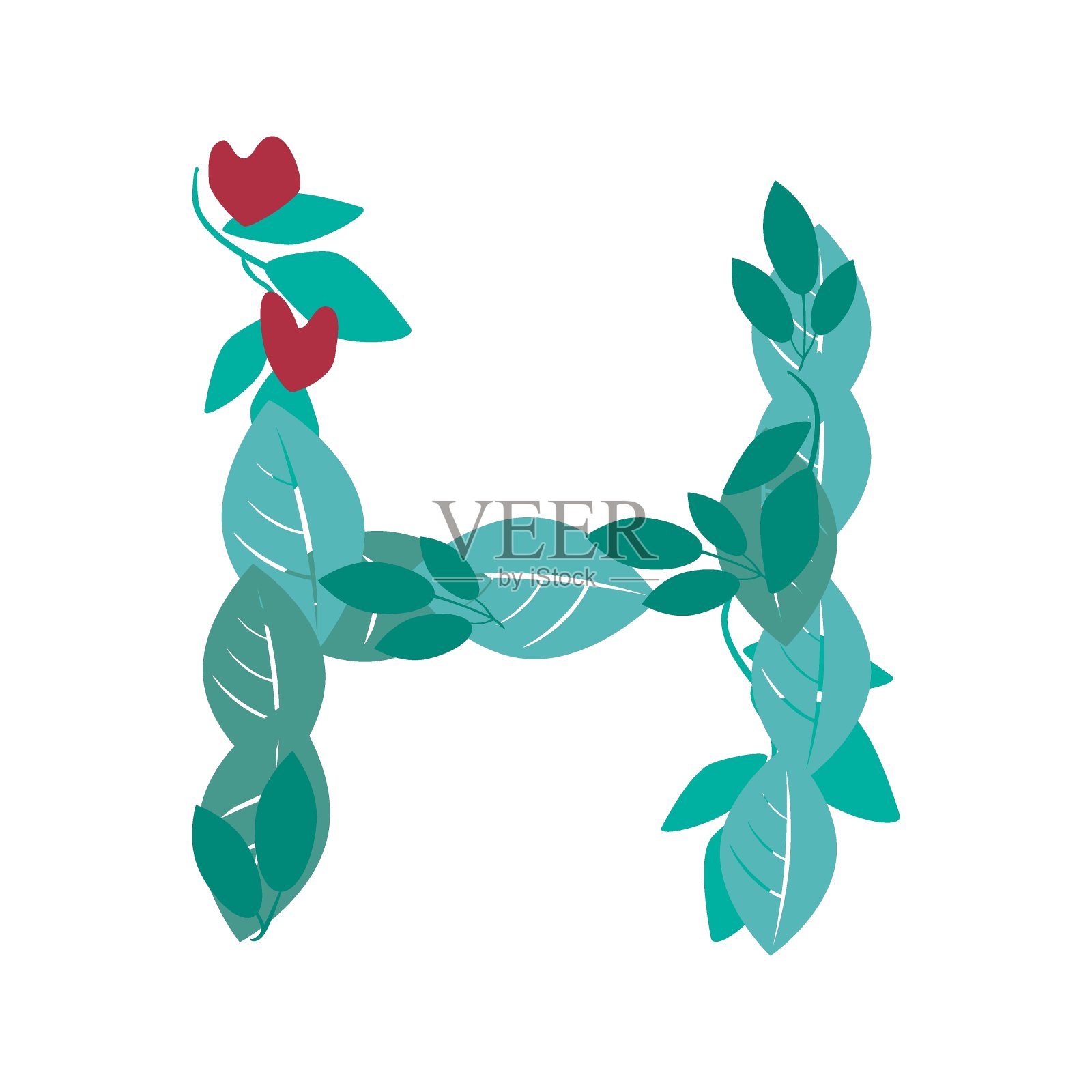 一个带有绿色叶子、树枝和心形的字母H，在白色的背景上进行设计，一个带有自然或有机字体或标志的矢量图例设计元素图片