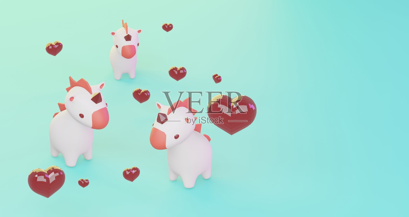3D渲染的瓦伦丁。红色的心和可爱的独角兽在蓝色的背景，极简主义模型。爱的象征。现代3 d渲染。插画图片素材