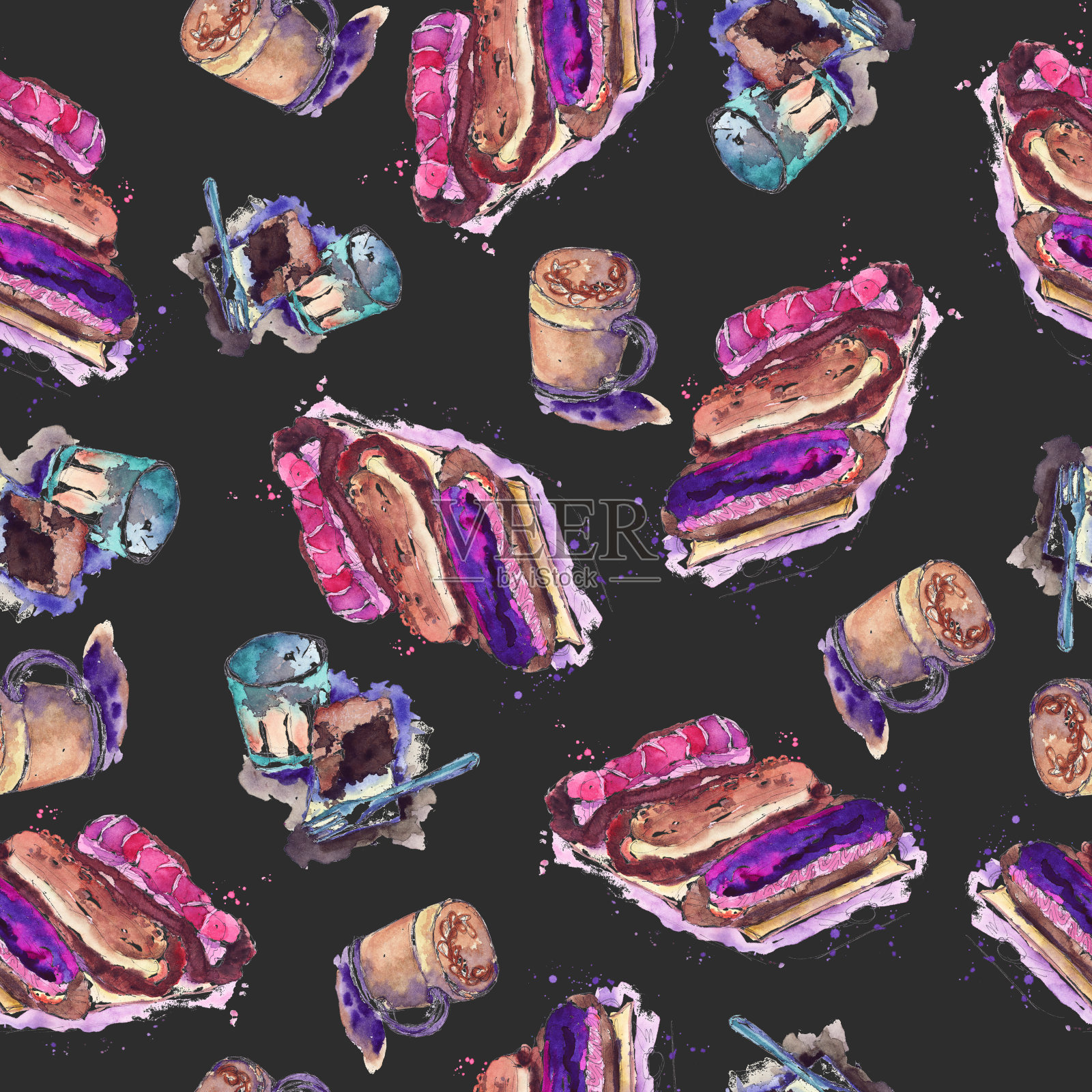 无缝图案咖啡甜点布朗尼蛋糕-手绘水彩插图插画图片素材