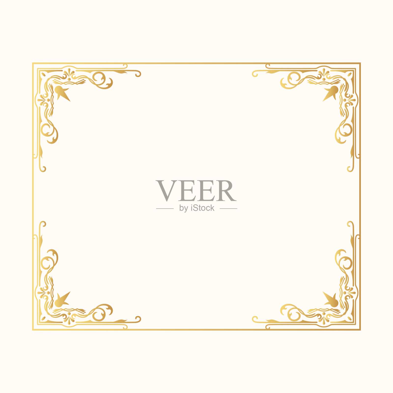 手绘婚礼黄金古董框架。经典维多利亚金色边框。矢量孤立请帖。插画图片素材