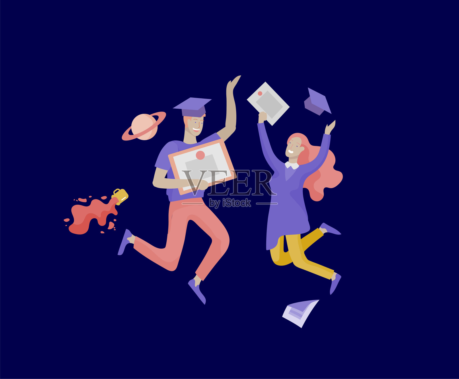 一群笑容可掬的毕业生，身着毕业礼服，手拿毕业证书，欢蹦乱跳。矢量插画概念毕业典礼卡通插画图片素材