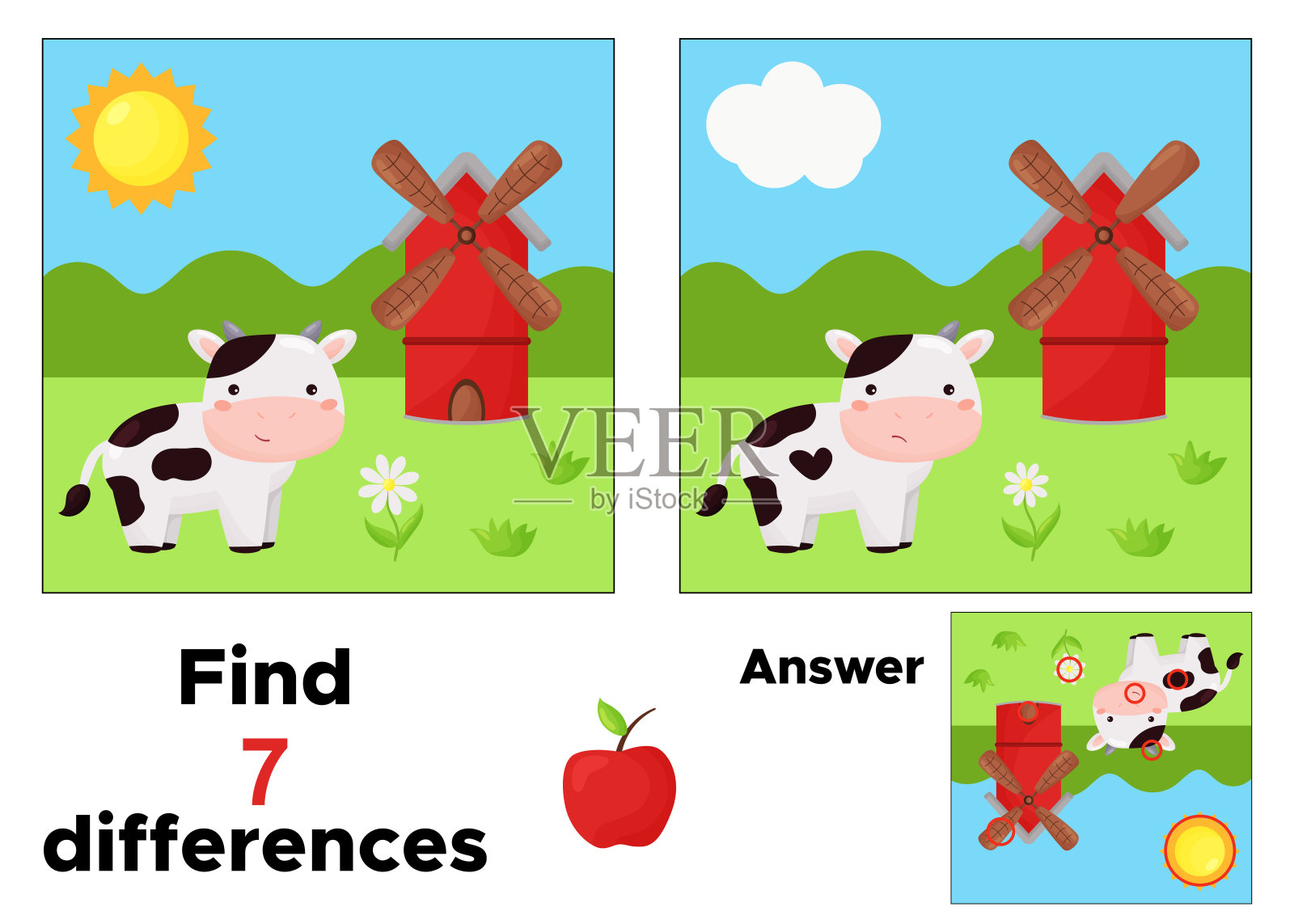 儿童教育游戏。找到七个差异。插画图片素材