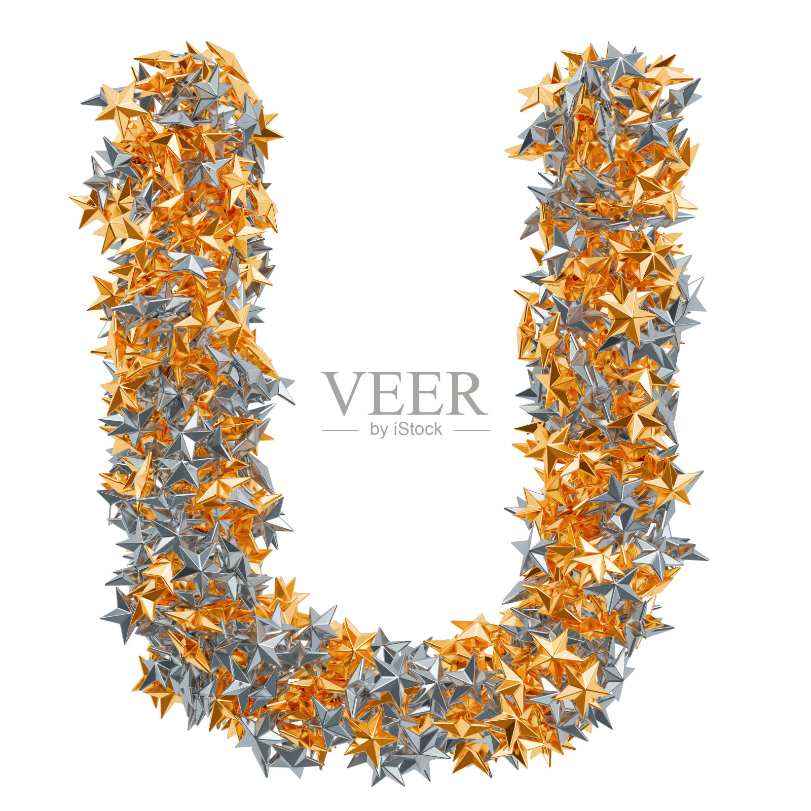 字母U来自金和银星，3D渲染孤立在白色背景照片摄影图片