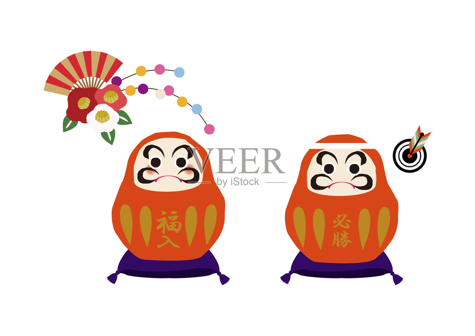 一套插图材料。日本的幸运符。达摩，以禅宗的创始人菩提达摩为蓝本。传统上，日本人喜欢把它当作护身符。设计模板素材