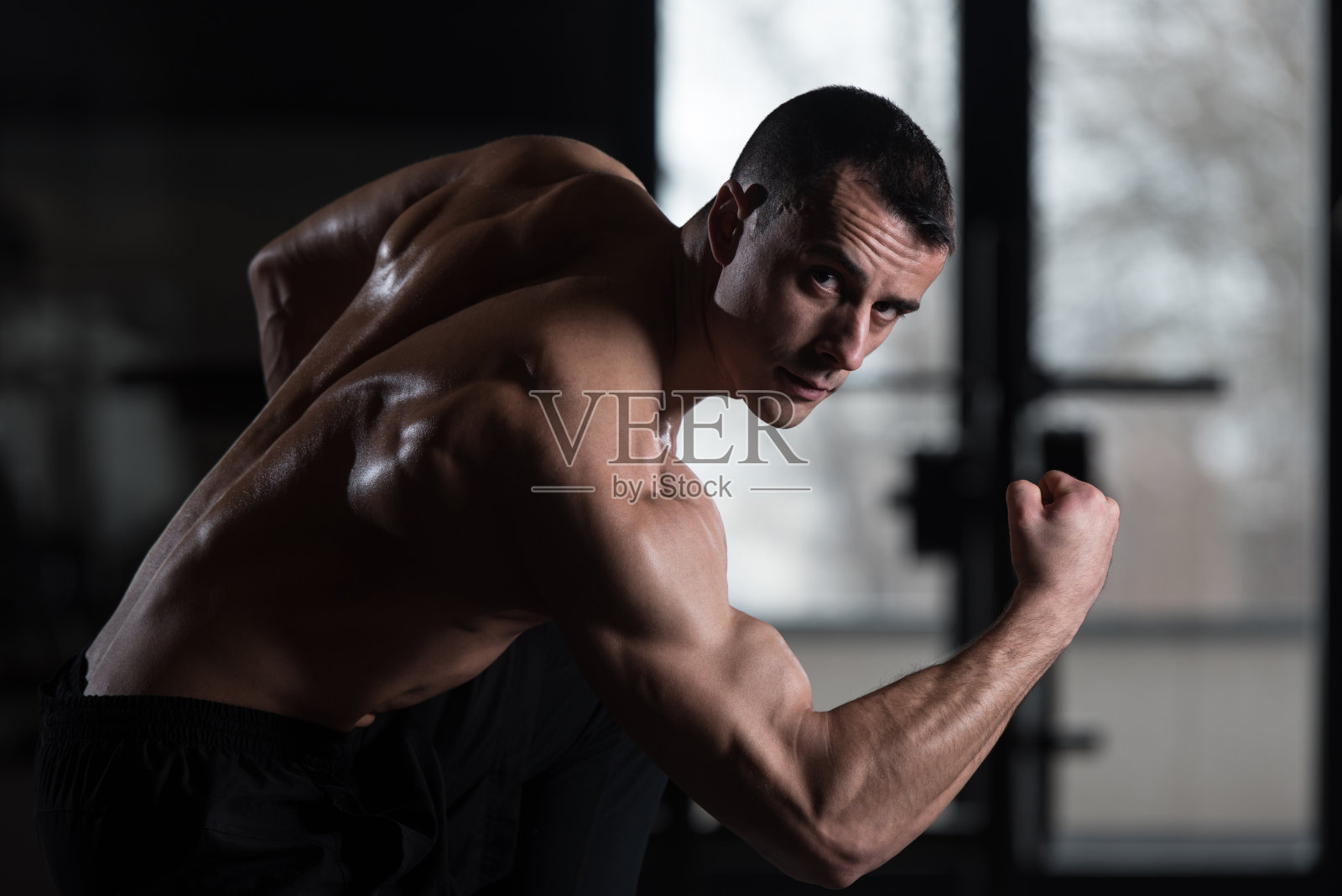 年轻健美男子展示肌肉照片摄影图片