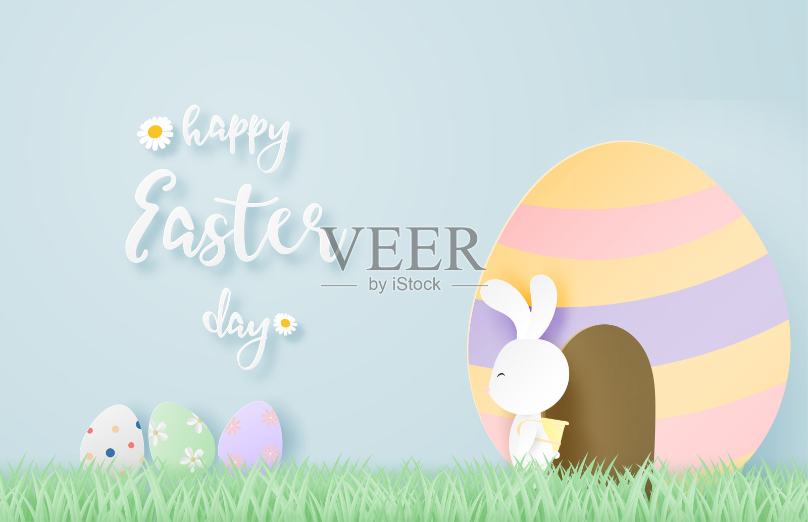 复活节快乐与兔子和蛋在剪纸风格的背景。数字工艺纸艺术。插画图片素材