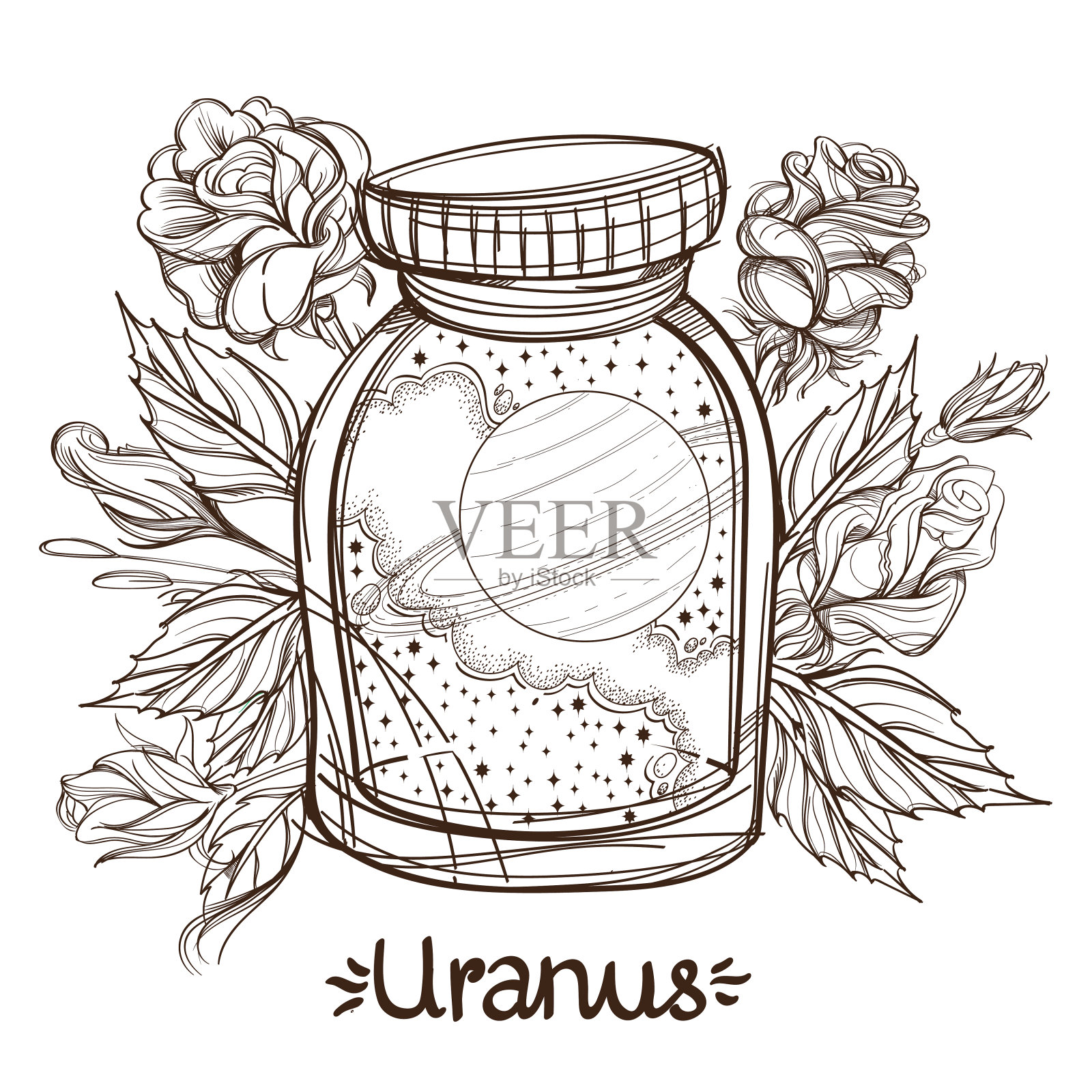 天王星在一个玻璃罐子里。太阳系的行星，放在架子上的一个玻璃碗里。插图设计在占星术，天文学，灵性插画图片素材