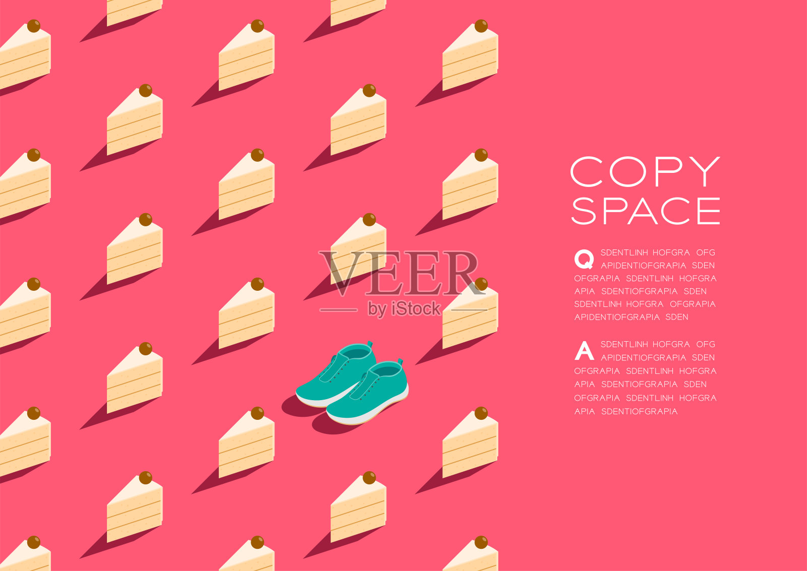 蛋糕与跑鞋3D等距图案，面包房健康饮食或减肥概念海报和社会横幅水平张贴设计插图孤立在粉红色的背景与空间，矢量设计模板素材