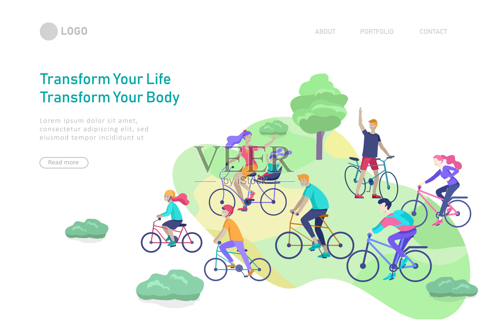 人们骑自行车的落地页模板：男子挥手，母亲带孩子骑自行车，公园户外骑行活动，健康生活方式，卡通插画图片素材