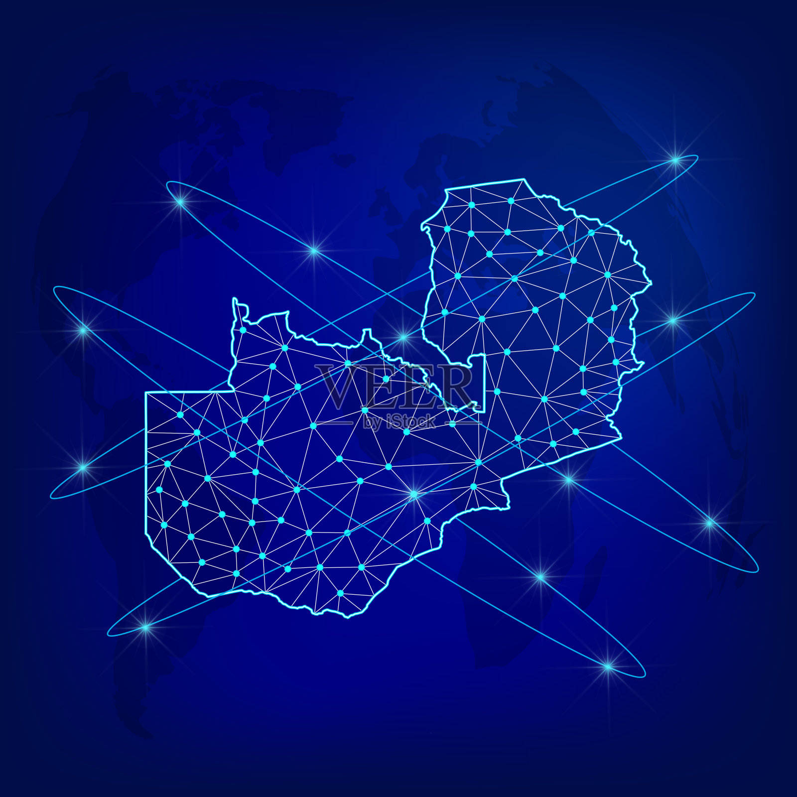 全球物流网络概念。世界背景下的赞比亚通信网地图。赞比亚地图与节点在多边形风格。EPS10。插画图片素材