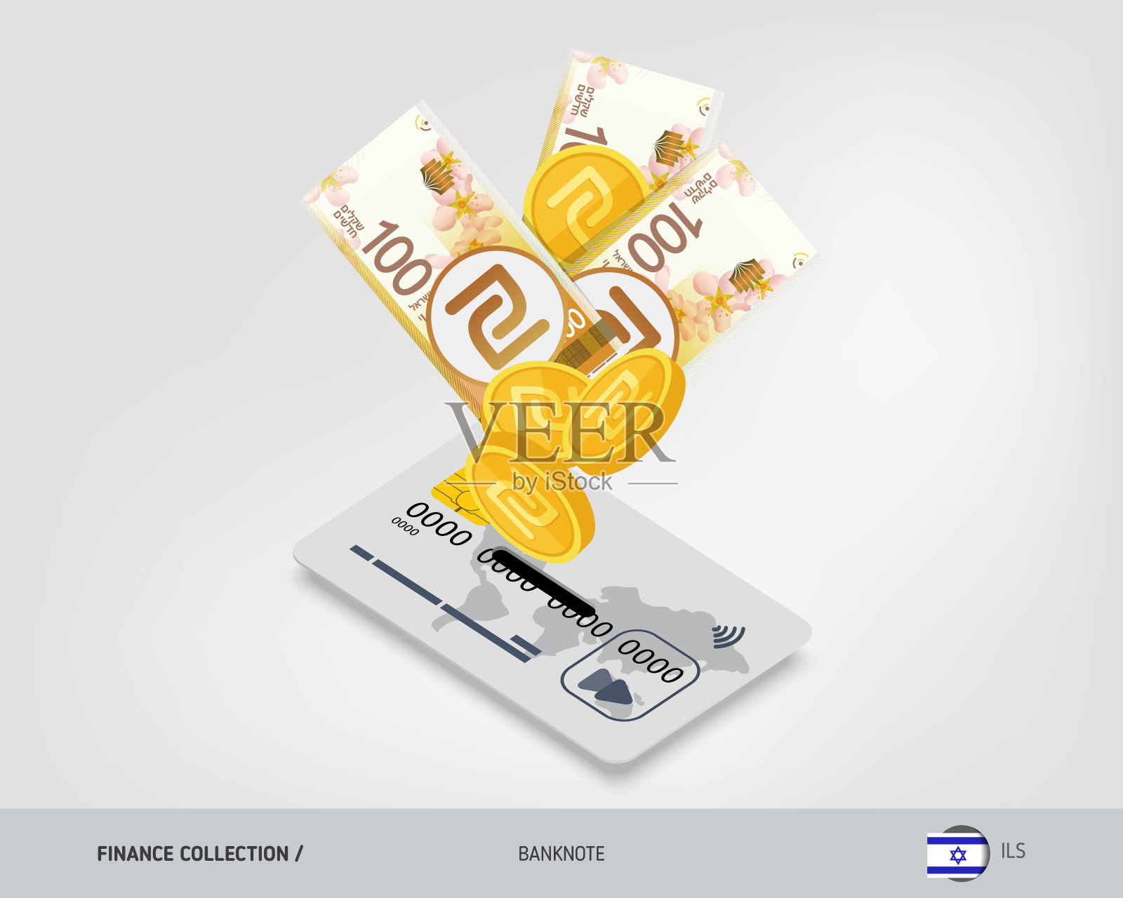 印有100以色列新谢克尔纸币和金币的银行卡。平面风格矢量插图。插画图片素材