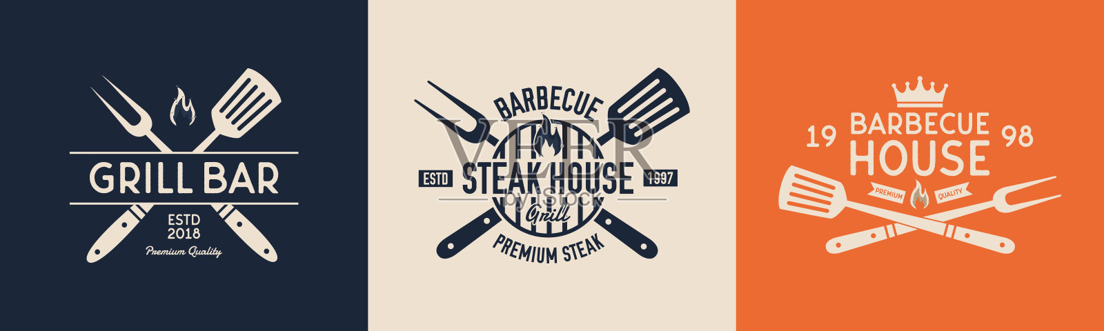 牛排屋，烧烤吧，烧烤屋矢量标志模板。复古的标志，标签，徽章，贴纸设计。烧烤标志与烧烤架，铲和烧烤叉。矢量图插画图片素材