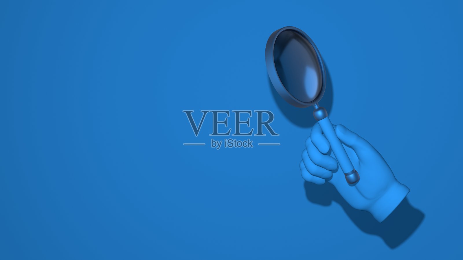 手拿放大镜。图解手势搜索，侦探，犯罪，证据。时尚的最小抽象水平场景，文字的地方。时尚经典的蓝色。三维渲染照片摄影图片