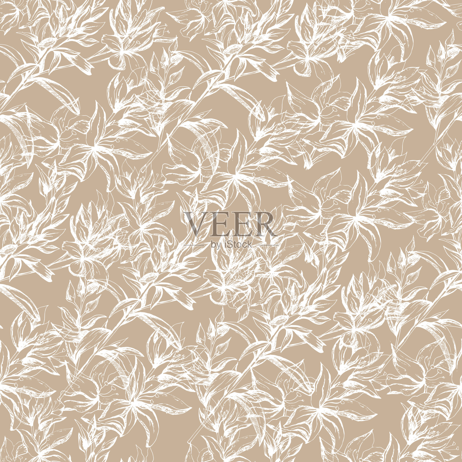 浅米色背景从白色轮廓花。纹理用于装饰织物、瓷砖和墙纸等墙面。插画图片素材