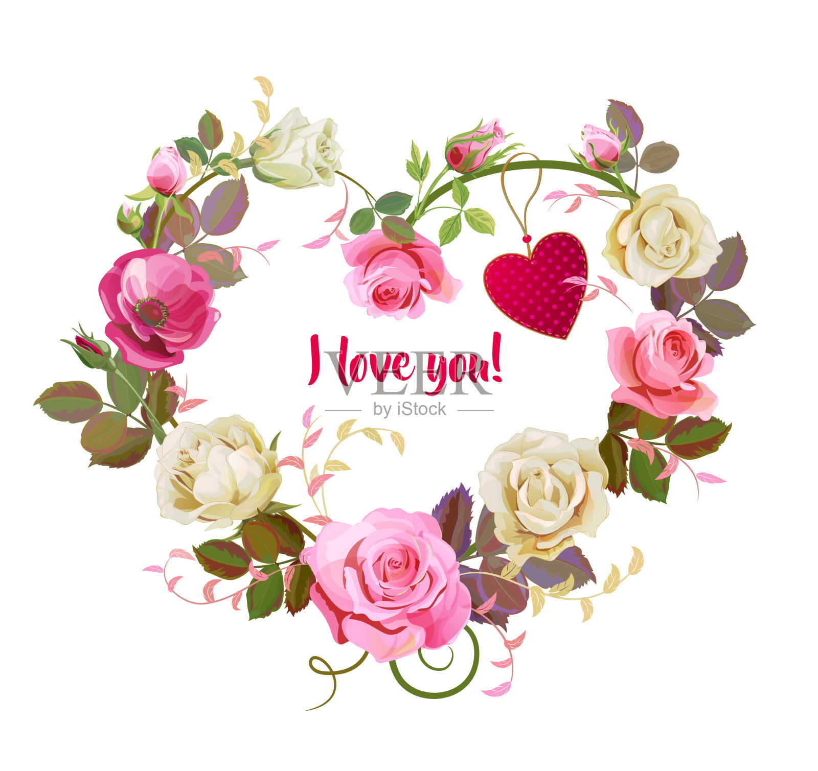 心的花。情人节卡片。红色，粉色，白色玫瑰，紫色的银莲花，红色的心，绿色的细枝，芽，叶在白色的背景。数字绘图，概念设计水彩风格，矢量插画图片素材