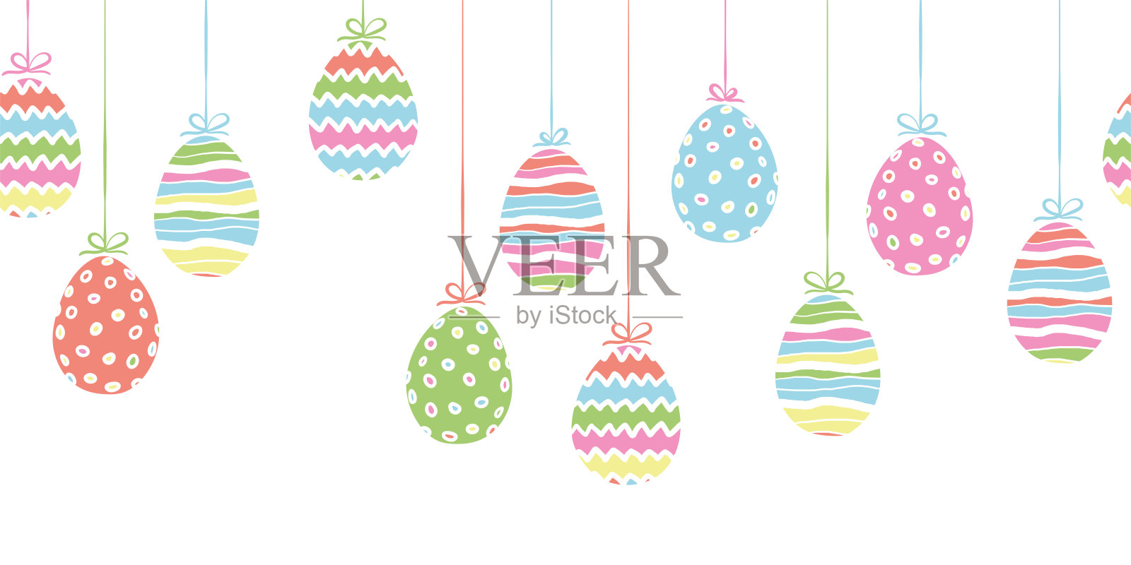 可爱的手绘复活节彩蛋水平无缝图案，涂鸦蛋挂-伟大的横幅，壁纸，邀请，矢量设计插画图片素材