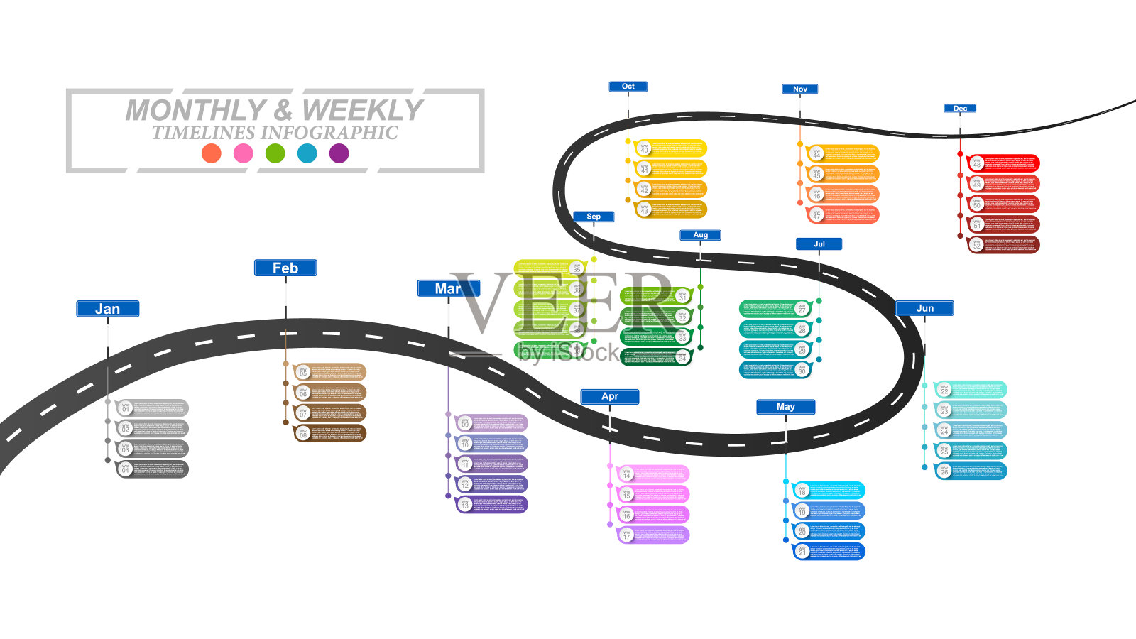 现代商业水平时间轴流程图信息图模板。矢量横幅用于演示和工作流布局图，网页设计。图表月度和周计划的抽象元素。向量EPS10插画图片素材