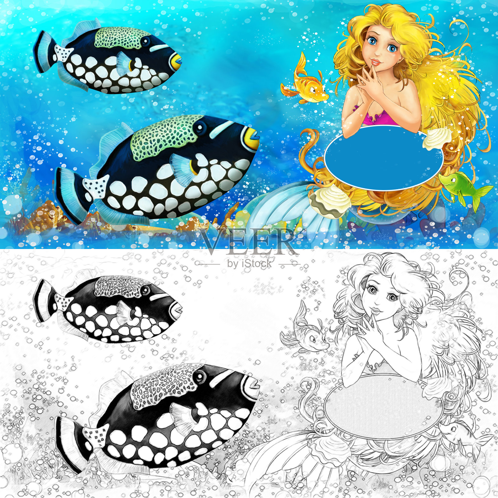 卡通场景与美人鱼公主坐在大贝壳在水下王国与鱼与涂色页插画图片素材