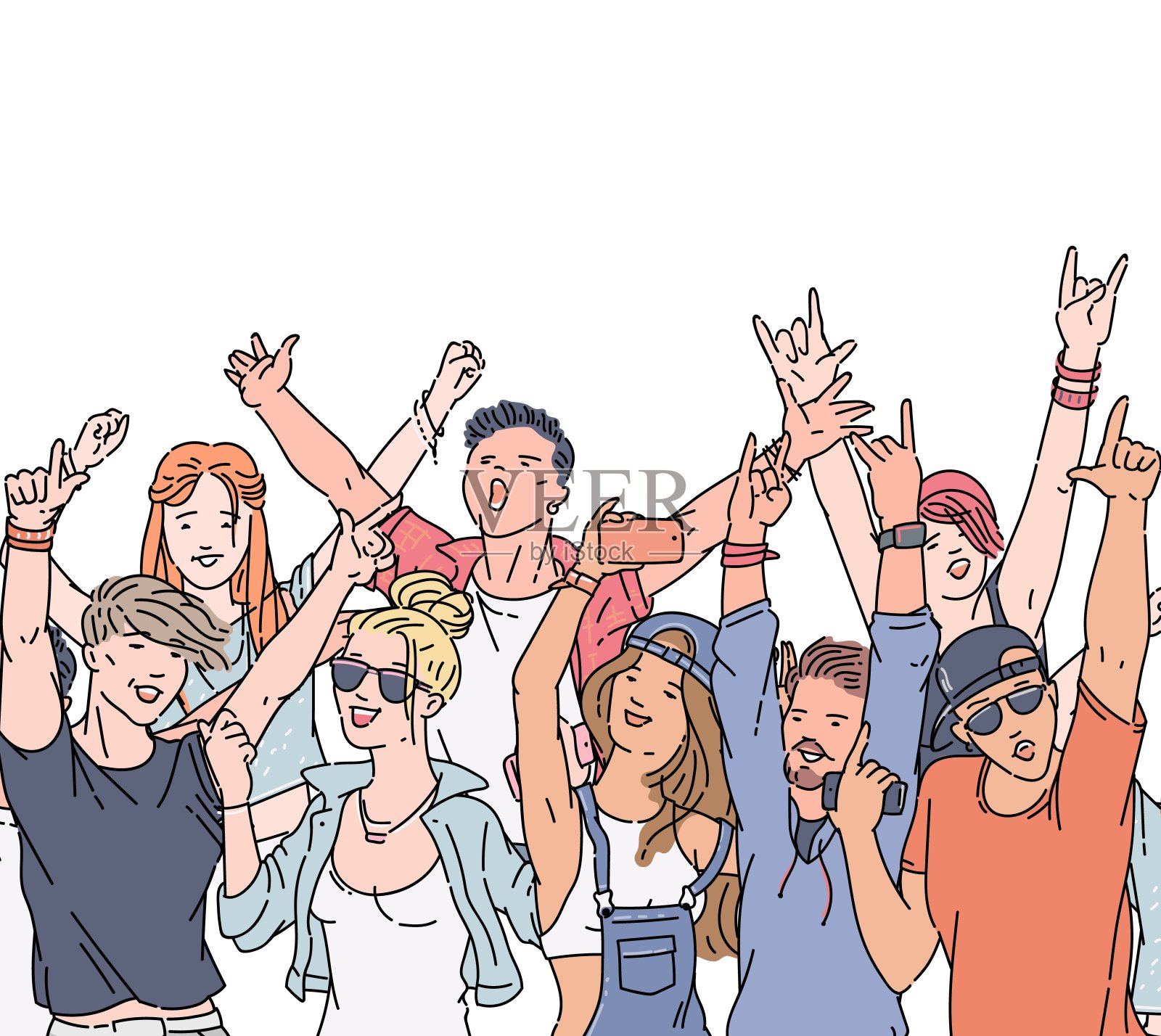 卡通人群在音乐节或摇滚音乐会插画图片素材
