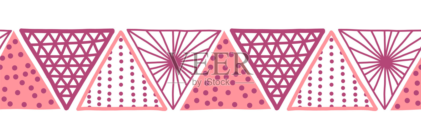 无缝矢量边界粉色三角形。手绘波西米亚风格的图案部落民族图案粉色。几何重复背景。太阳的象征。三角形重复瓷砖用于横幅，卡片，织物，丝带插画图片素材