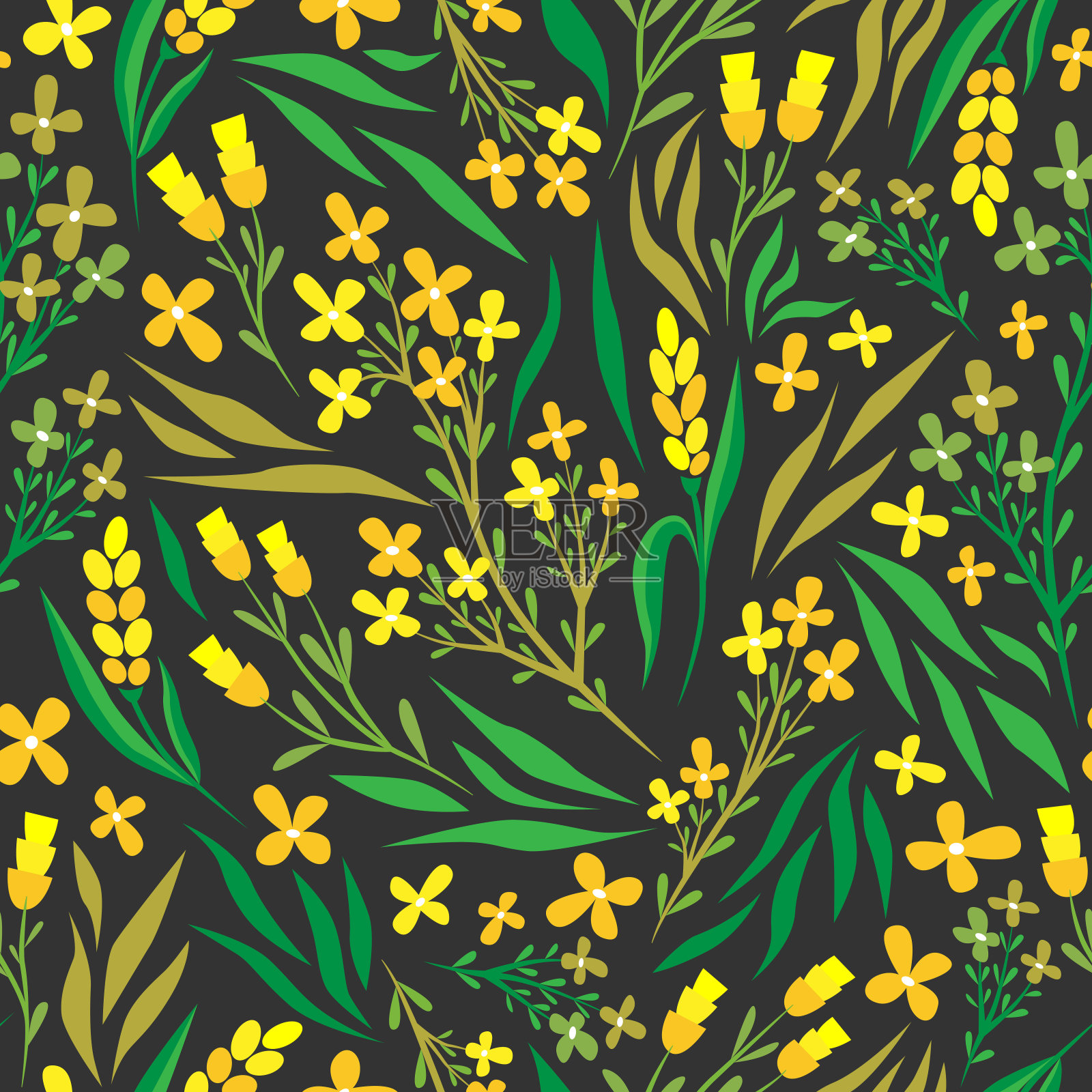 夏天无缝模式。花卉图案。黑色背景上的野花和植物。黄色的花朵。涂鸦风格。包装纸插画图片素材