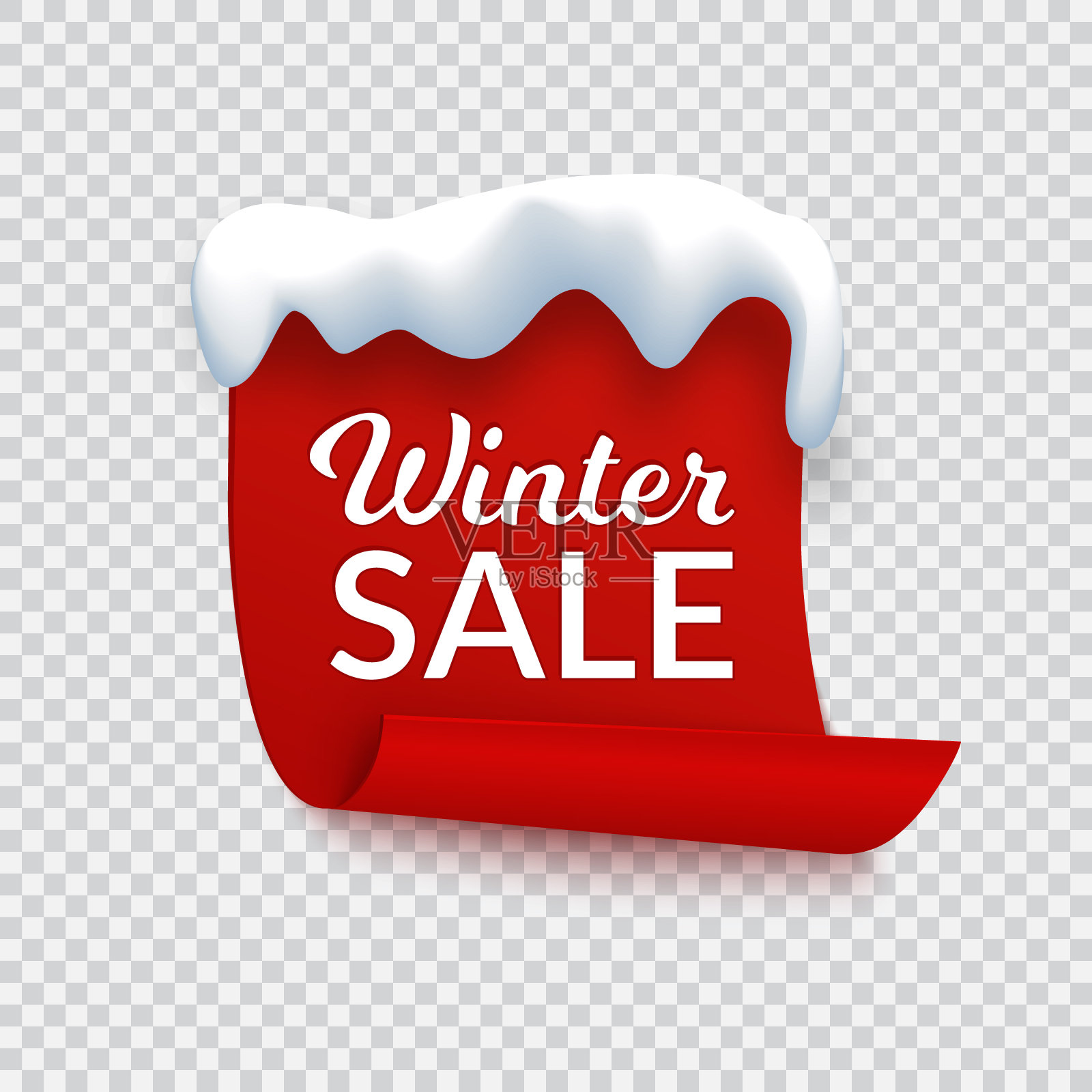 冬季销售横幅，红纸与雪帽和文字，季节性模板横幅和促销。红色页与卷曲的角和信息，矢量插图在卡通和现实主义风格。设计元素图片