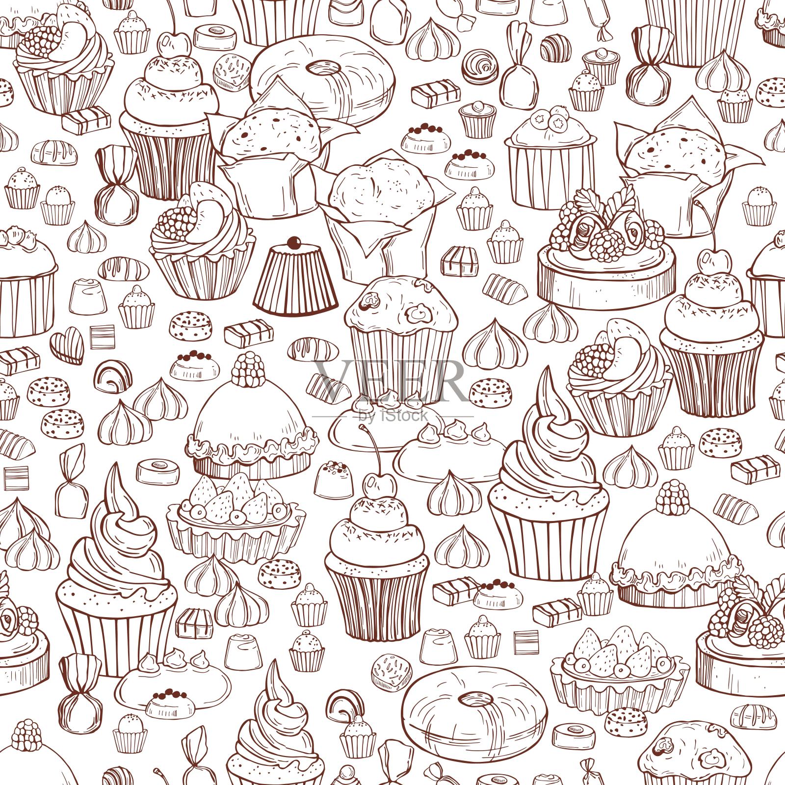 手绘烘焙产品。向量无缝模式插画图片素材