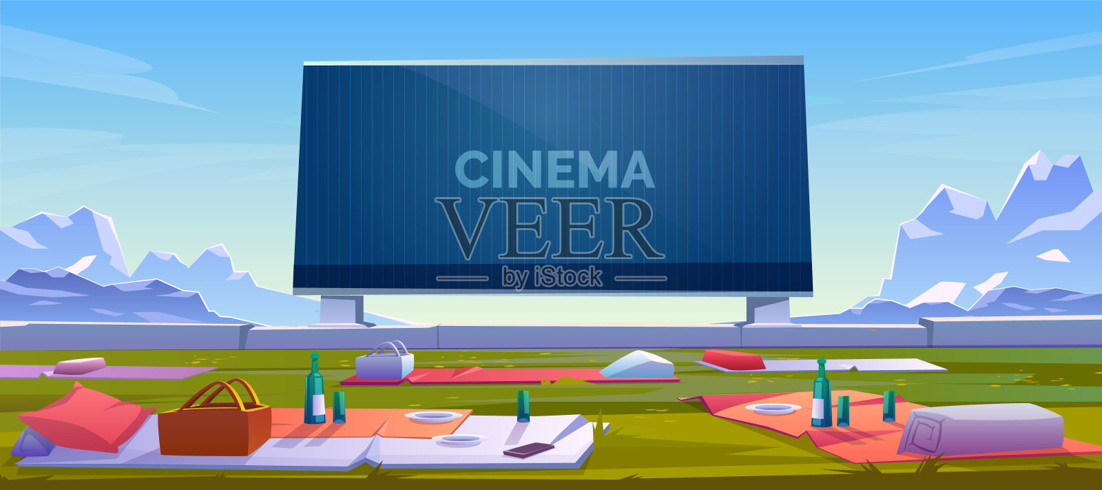 户外电影院，有座位的露天电影院插画图片素材