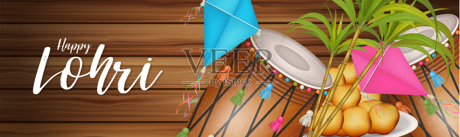 快乐的Lohri节日设计，印度节日。网站标题或横幅。木制背景。现实的矢量图。插画图片素材