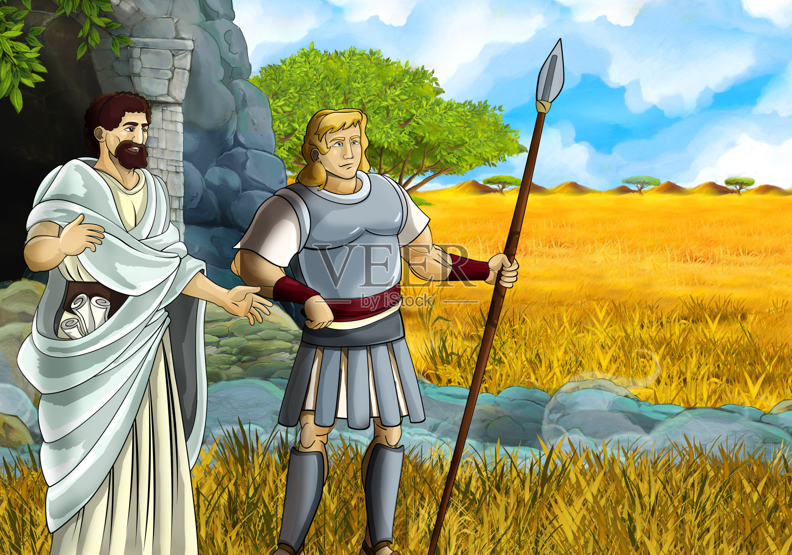 卡通狩猎场景与希腊或罗马人物哲学家或战士发现洞穴插画图片素材