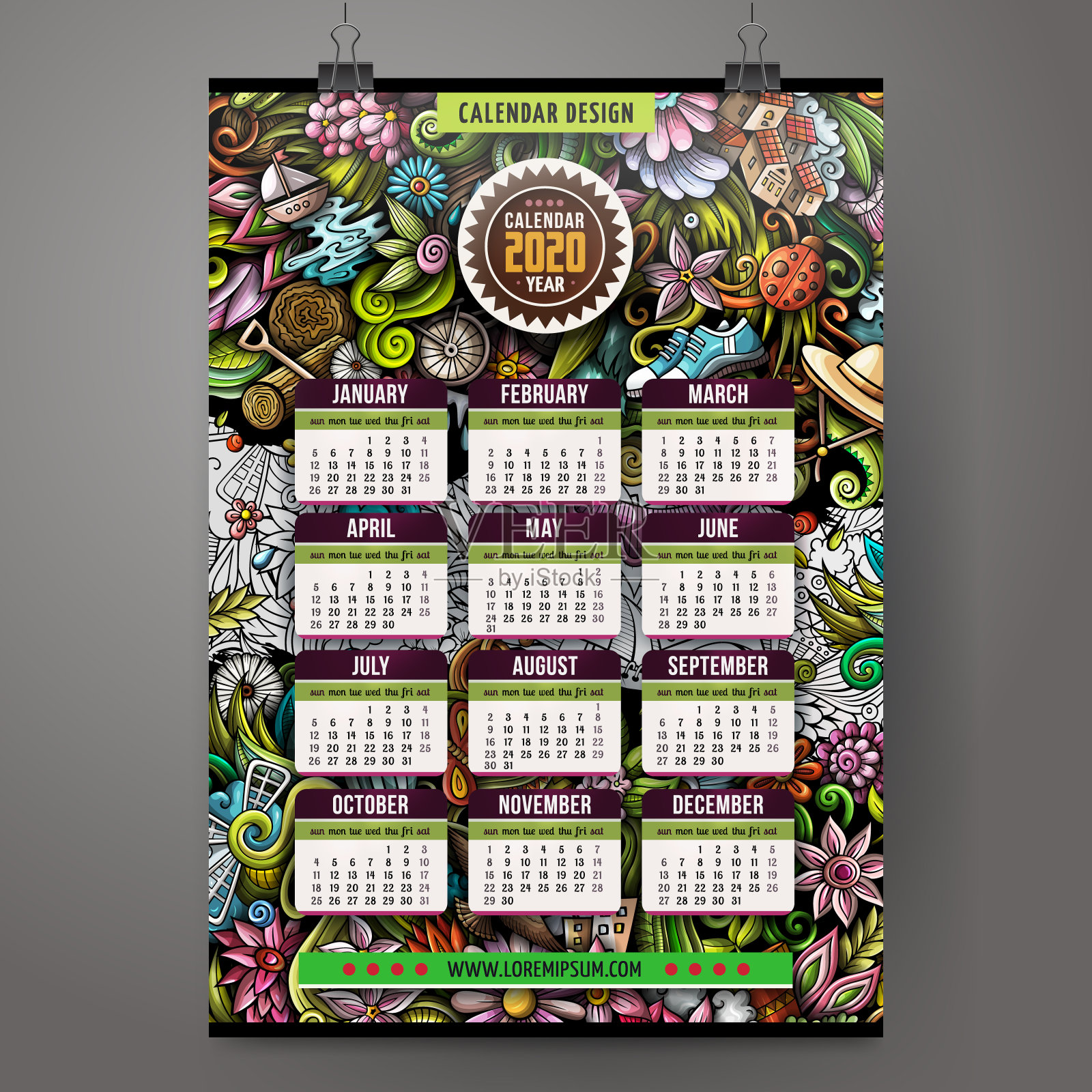 卡通彩色手绘涂鸦2020年春季日历设计模板素材