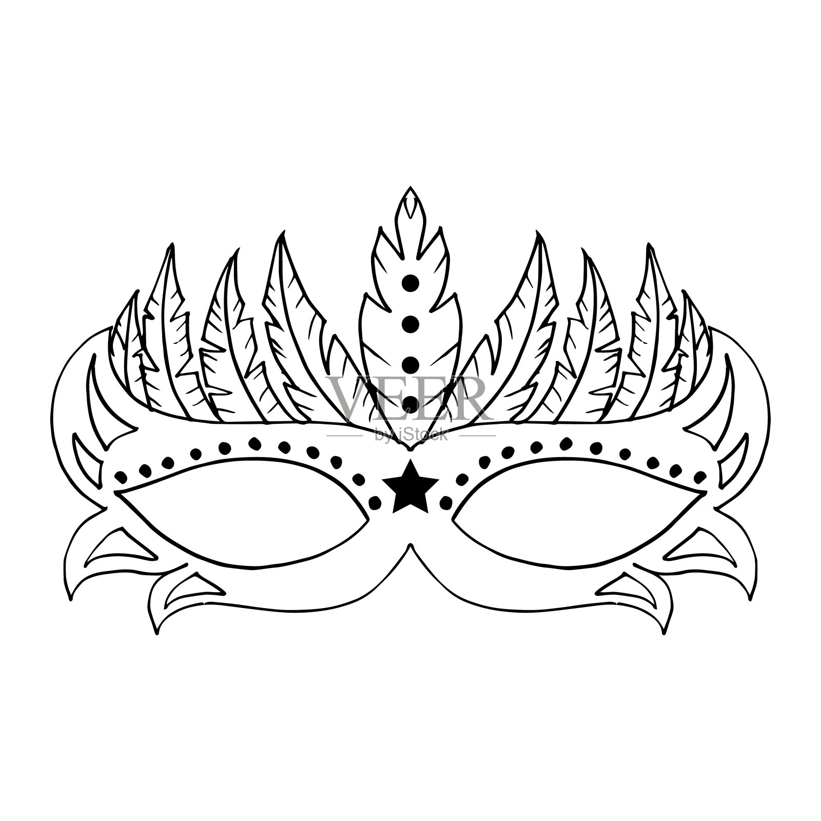 手绘的扁平嘉年华面具与羽毛。设计元素图片