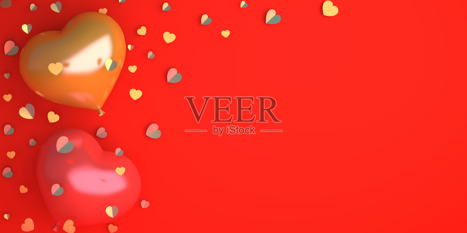情人节快乐，红色金色心形气球，背景彩屑，banner，顶部视角，3D渲染照片摄影图片