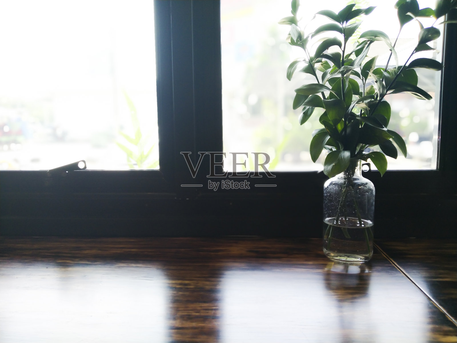 清晨花园景观窗户虚化背景上的木桌面照片摄影图片