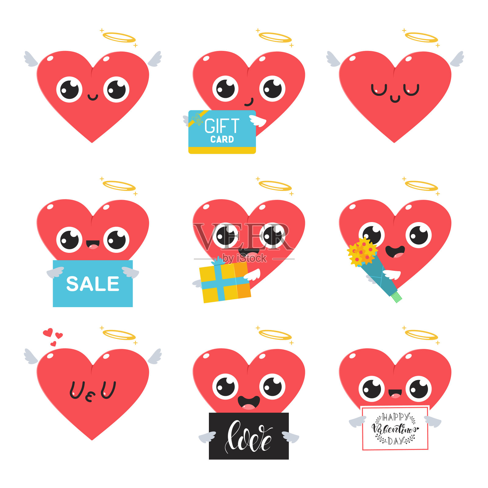 情人节概念插图与可爱的气球心形天使翅膀和光环矢量卡通设置孤立在一个白色的背景。插画图片素材