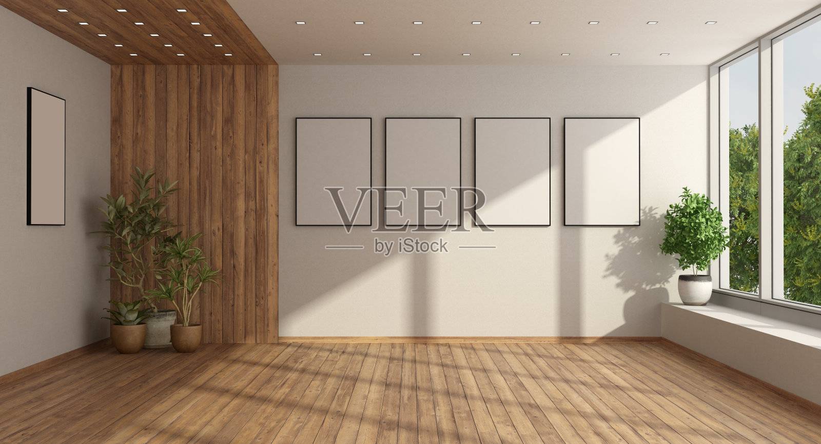 空的极简主义客厅与大窗户照片摄影图片