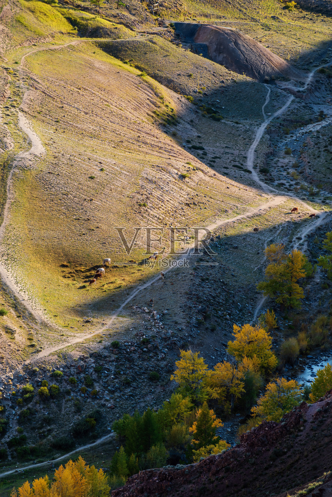 克孜尔钦河谷，鸟瞰图照片摄影图片
