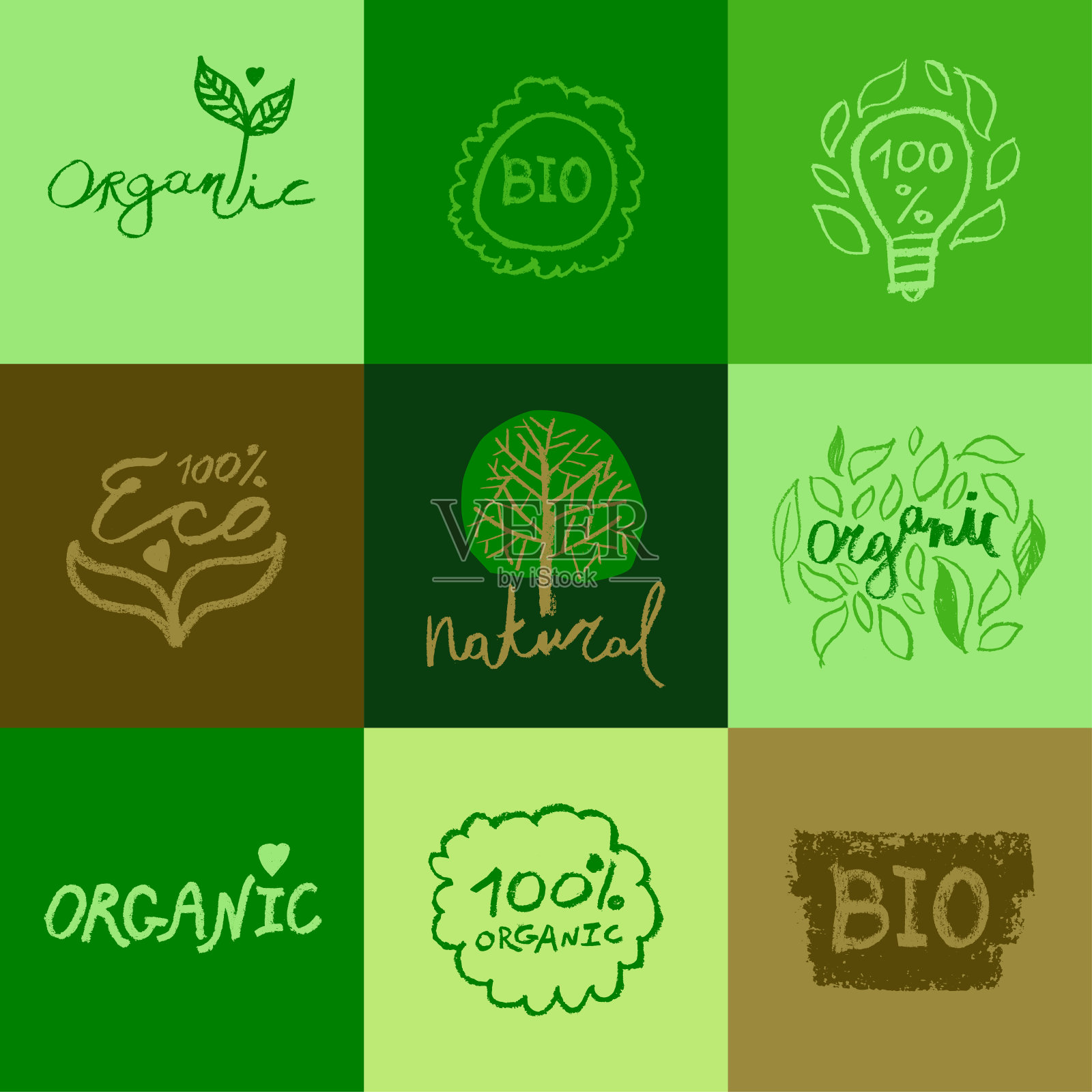 有机食品标签。天然健康新鲜饮食产品图标。插画图片素材