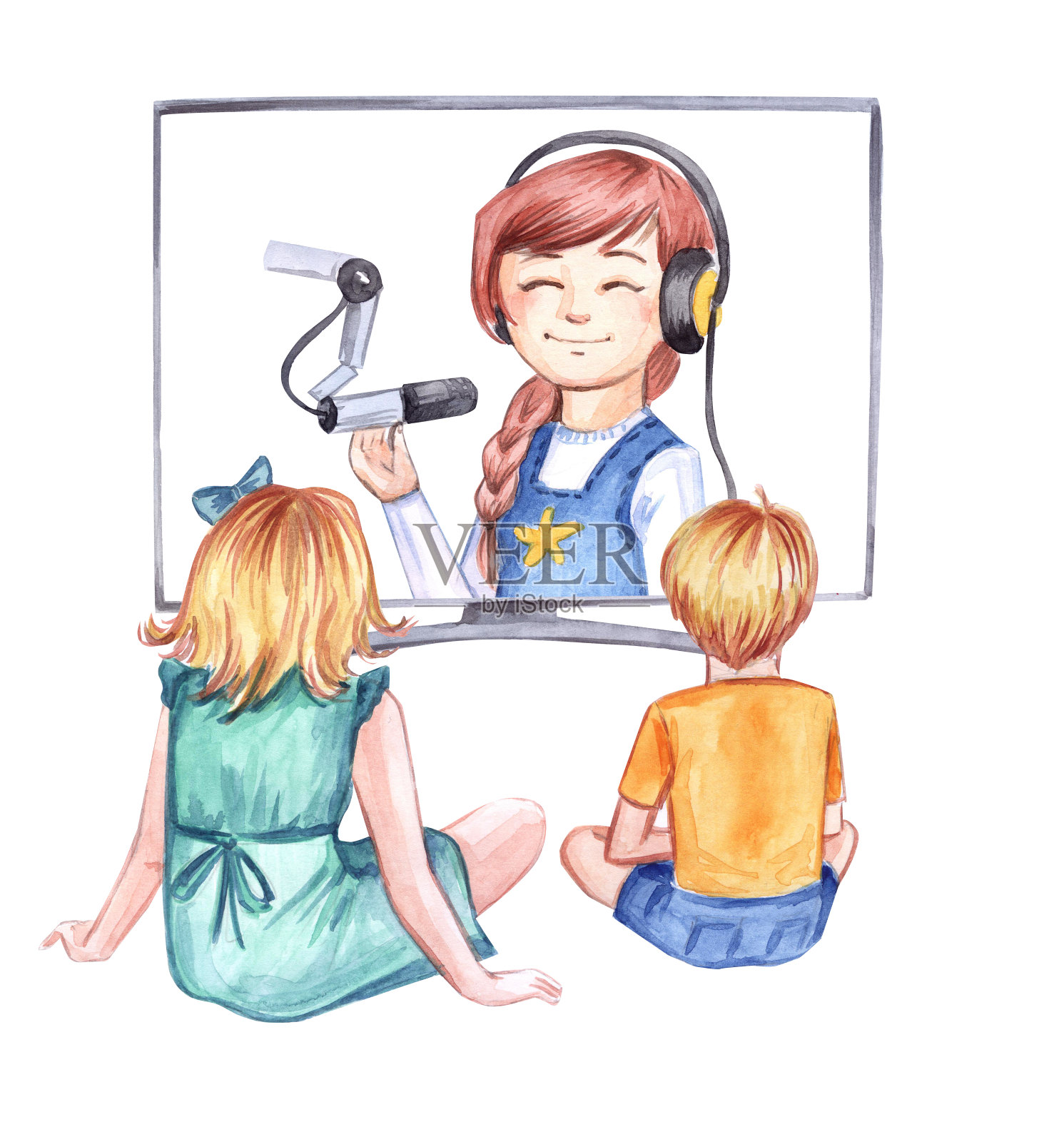 孩子们在看电视。孩子们在玩。儿童电视和录音。水彩插图。绘画。孩子男孩主持人。男孩和女孩在电视机前。插画图片素材