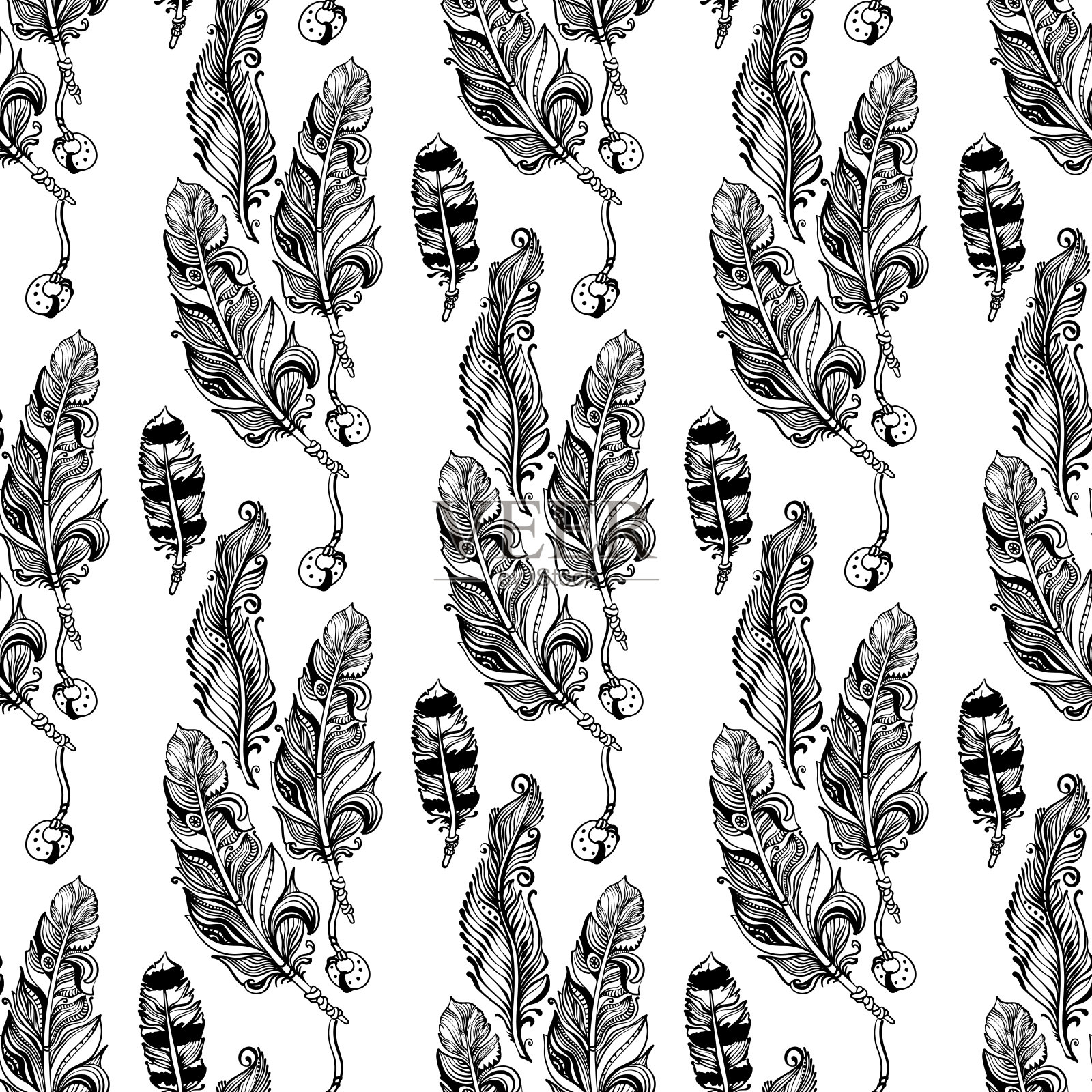 无缝图案有羽毛、珠子。黑线加白线。向量。插画图片素材
