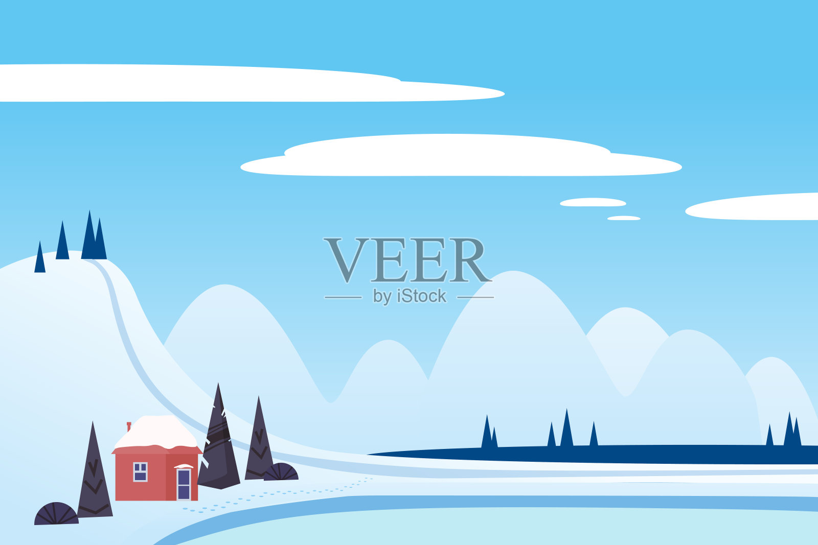 冬季景观科学山房子小屋冰湖河冰。松树，雪，冰，山。矢量插图孤立卡通平面风格插画图片素材