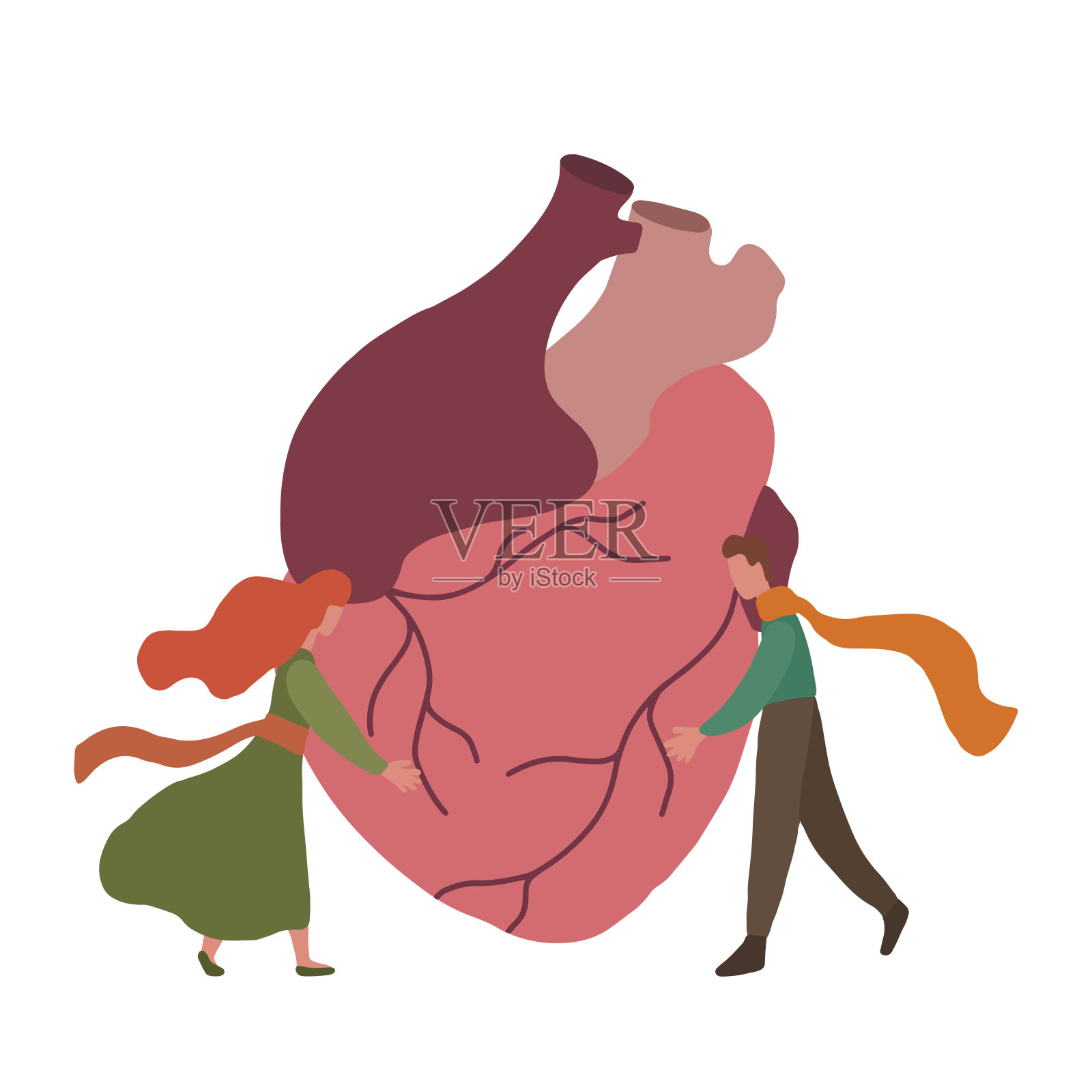 平面插图的现实心与小拥抱夫妇。的关系。情人节卡片的原始元素。物体与背景是分开的。设计元素图片