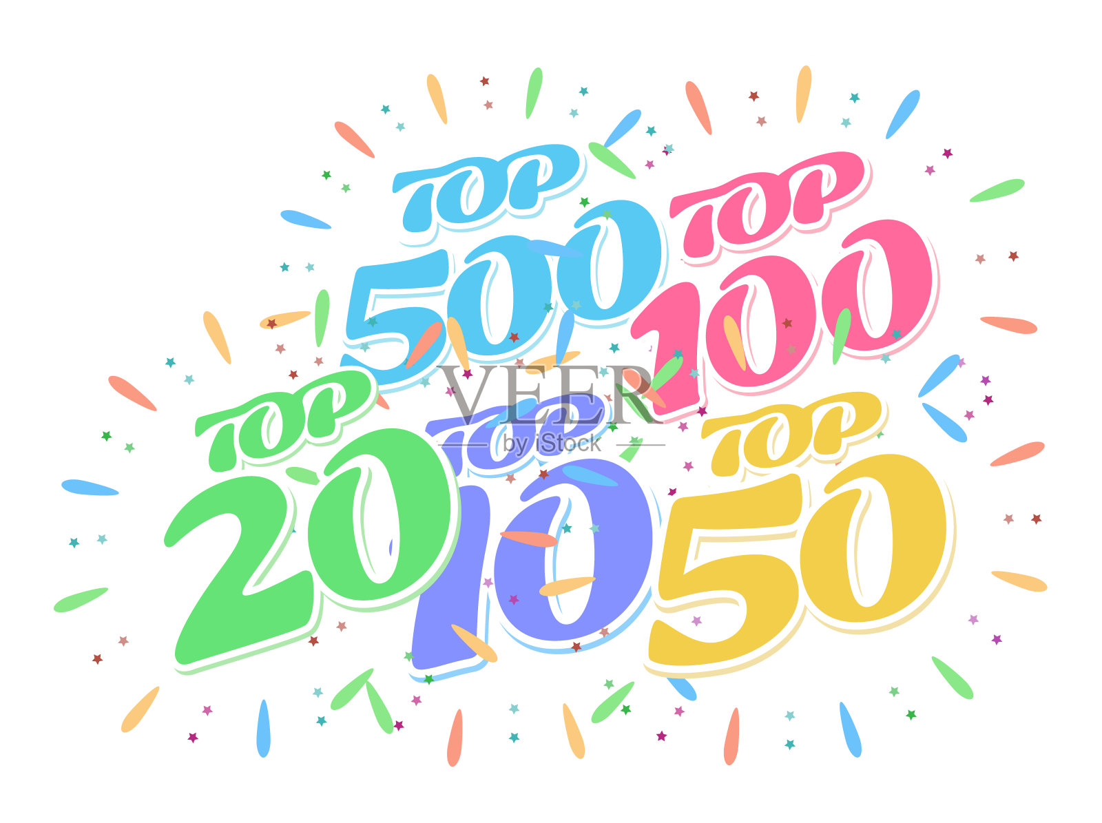 彩花烟花由题字5、10、50、100、500等排名。插画图片素材