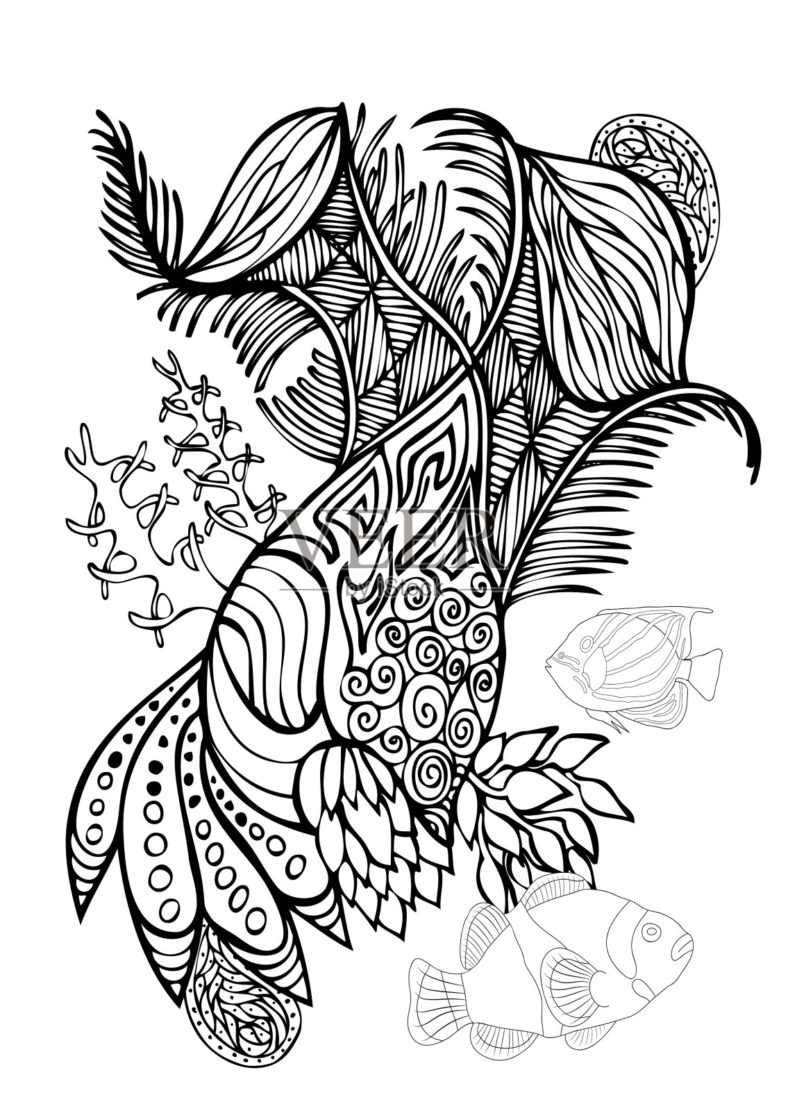 手绘页在zendoodle风格的成人着色书。抽象的海洋和花卉图案与珊瑚鱼，贝壳和海藻。设计元素，印刷品，请柬。插画图片素材