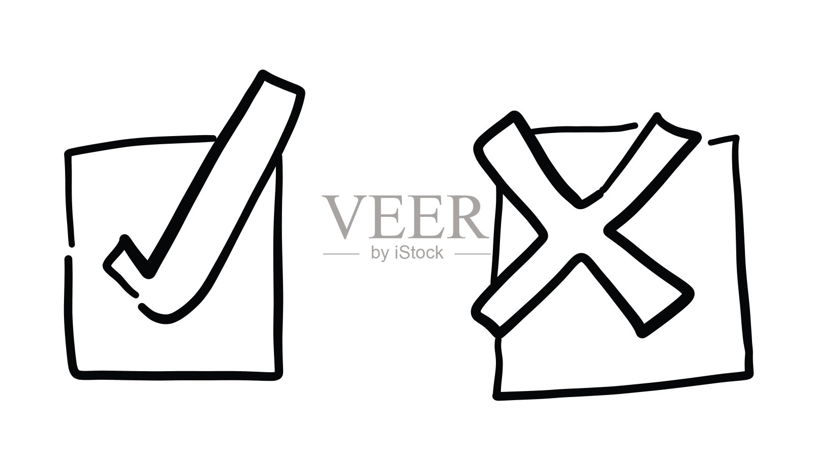 手绘矢量草图的检查标记和x标记。插画图片素材